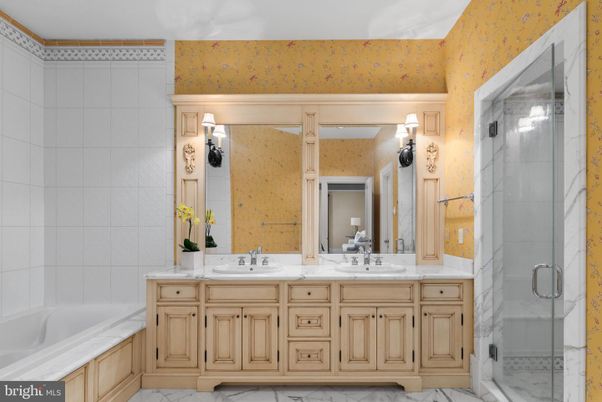Bathroom, Dual Sink Vanities, Glass Shower, Interior, Marble, Marble Walls