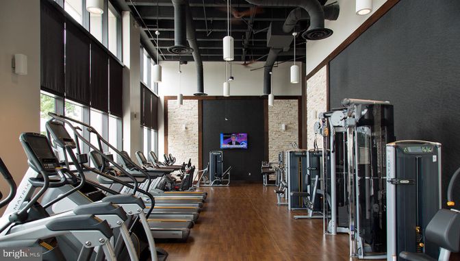 Fitness Equipment, Gym, Interior, Pendant Lights, Stone Walls, Wood Texture Flooring