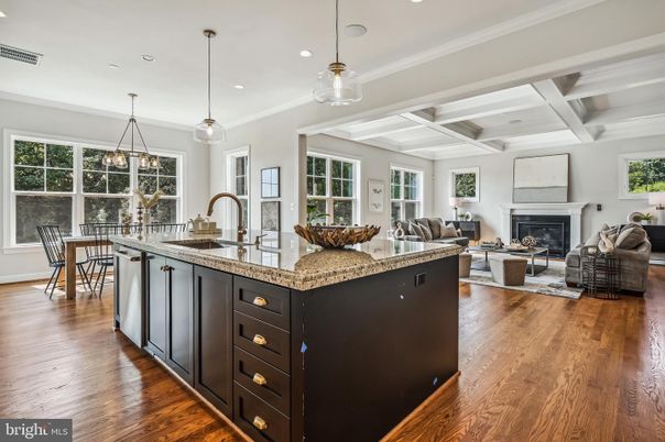 Dining room, Fireplace, Interior, Kitchen, Living room, Pendant Lights, Recessed Lighting, Wood Texture Flooring