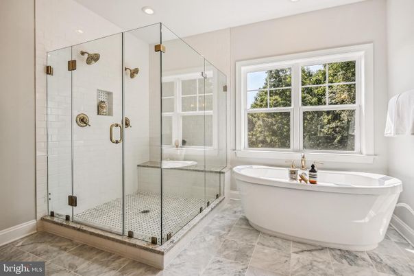 Bathroom, Free Standing Baths, Glass Shower, Interior, Marble, Recessed Lighting