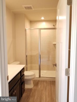 Bathroom, Glass Shower, Interior, Recessed Lighting, Wood Texture Flooring