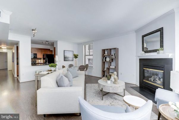 Fireplace, Interior, Kitchen, Living room, Stainless Steel Appliances, Wood Texture Flooring