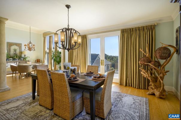 Chandelier, Dining room, Interior, Wood Texture Flooring