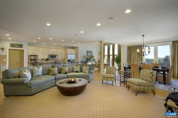 Chandelier, Dining room, Interior, Kitchen, Living room, Pendant Lights, Recessed Lighting, Stainless Steel Appliances