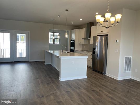 Chandelier, Interior, Kitchen, Pendant Lights, Recessed Lighting, Stainless Steel Appliances, Wood Texture Flooring
