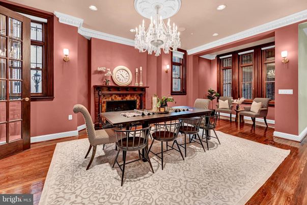 Chandelier, Dining room, Fireplace, Interior, Recessed Lighting, Wood Texture Flooring