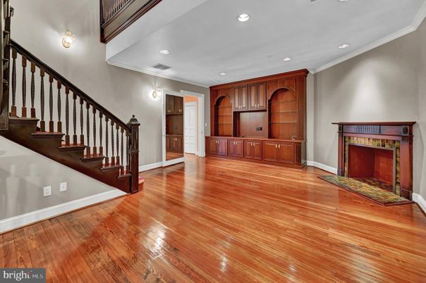 Empty room, Fireplace, Interior, Recessed Lighting, Wood Texture Flooring