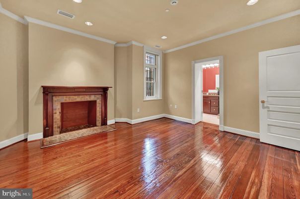 Empty room, Fireplace, Interior, Recessed Lighting, Wood Texture Flooring