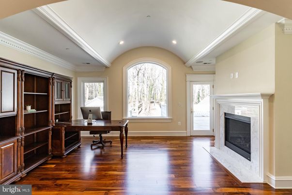Fireplace, Home Office, Interior, Recessed Lighting, Wood Texture Flooring