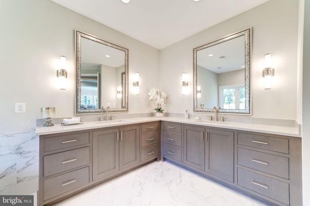 Bathroom, Dual Sink Vanities, Interior, Marble, Recessed Lighting