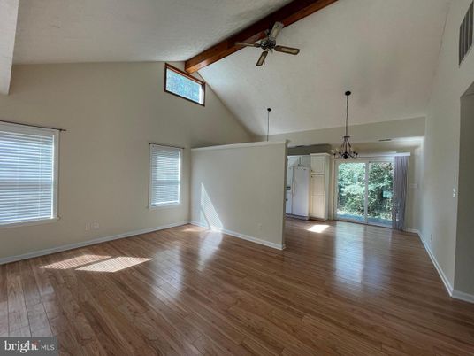 Empty room, Interior, Pendant Lights, Wooden Beams, Wood Texture Flooring