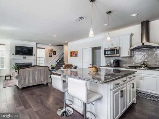 Fireplace, Interior, Kitchen, Living room, Pendant Lights, Recessed Lighting, Stainless Steel Appliances, Wood Texture Flooring