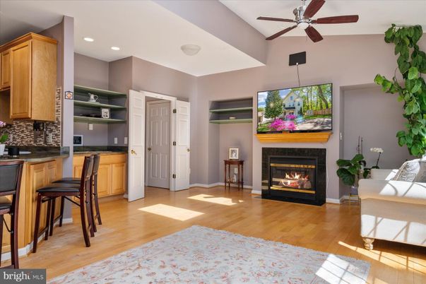 Fireplace, Interior, Pendant Lights, Recessed Lighting, Wood Texture Flooring