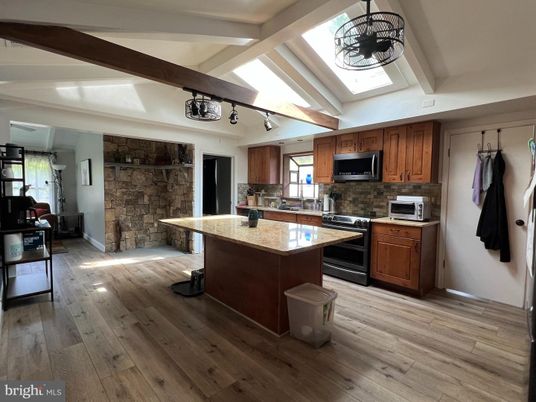 Interior, Kitchen, Stone Walls, Wooden Beams, Wood Texture Flooring
