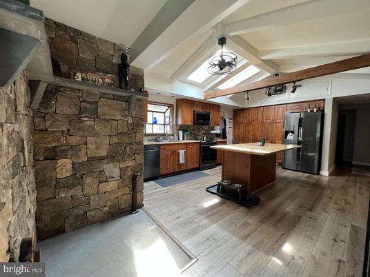 Chandelier, Interior, Kitchen, Stainless Steel Appliances, Stone Walls, Wood Texture Flooring