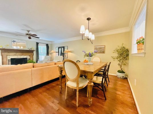 Chandelier, Dining room, Fireplace, Interior, Living room, Pendant Lights, Wood Texture Flooring