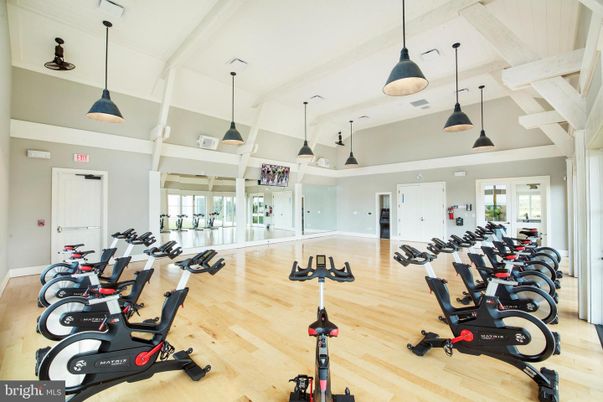 Fitness Equipment, Gym, Interior, Pendant Lights, Wood Texture Flooring
