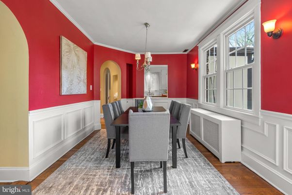 Dining room, Interior, Pendant Lights, Wood Texture Flooring