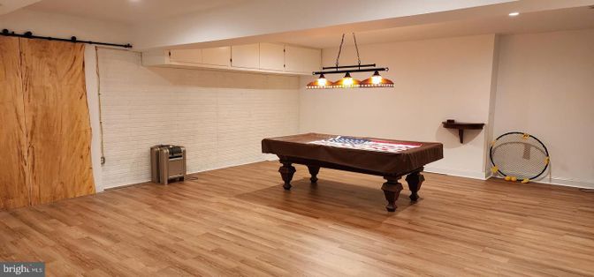 Billiard Table, Chandelier, Game Room, Interior, Recessed Lighting, Wood Texture Flooring