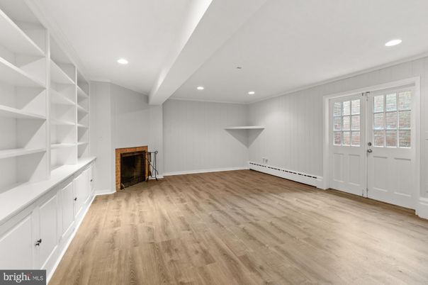 Empty room, Fireplace, Interior, Recessed Lighting, Wood Texture Flooring