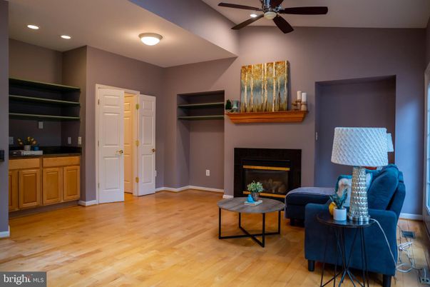 Fireplace, Interior, Living room, Recessed Lighting, Wood Texture Flooring
