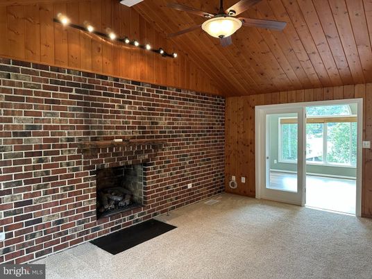 Empty room, Fireplace, Interior, Stone Walls, Wooden Ceilings, Wooden Walls