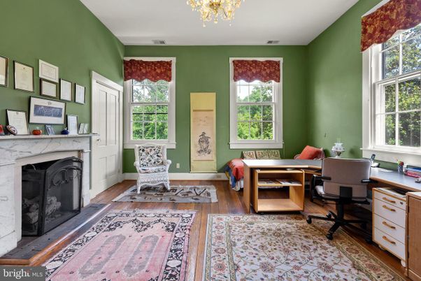 Chandelier, Fireplace, Home Office, Interior, Wood Texture Flooring