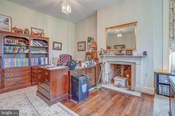 Fireplace, Home Office, Interior, Pendant Lights, Wood Texture Flooring