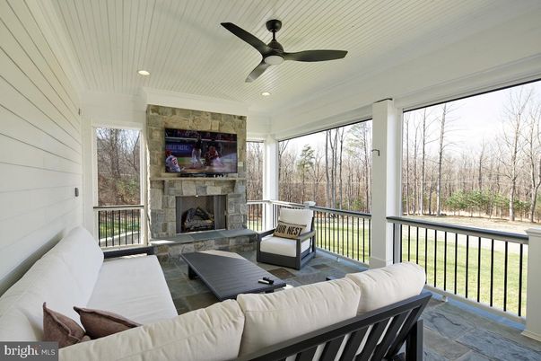Fireplace, Interior, Living room, Recessed Lighting, Stone Walls, Sun Room