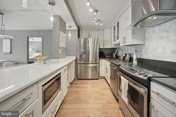 Interior, Kitchen, Pendant Lights, Stainless Steel Appliances, Wood Texture Flooring