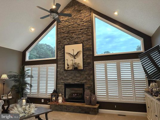 Fireplace, Interior, Recessed Lighting, Stone Walls