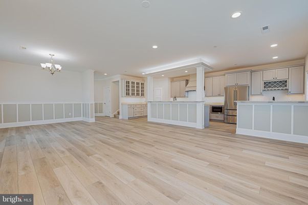 Chandelier, Empty room, Interior, Kitchen, Recessed Lighting, Wood Texture Flooring