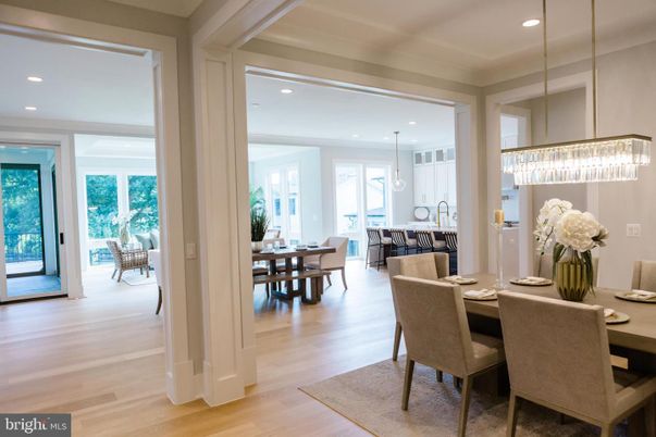 Chandelier, Dining room, Interior, Pendant Lights, Recessed Lighting, Wood Texture Flooring