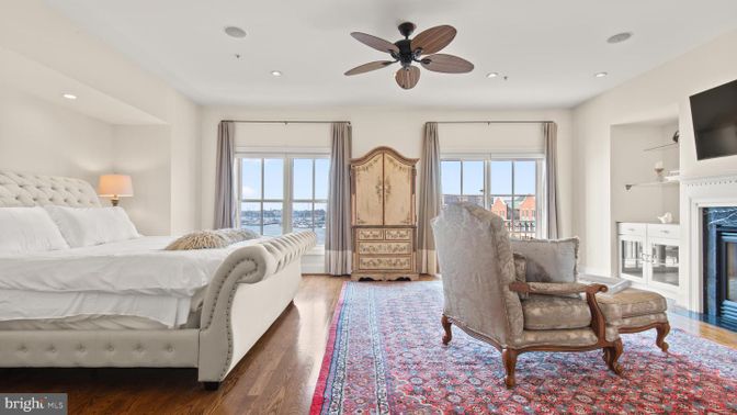 Bedroom, Fireplace, Interior, Recessed Lighting, Wood Texture Flooring