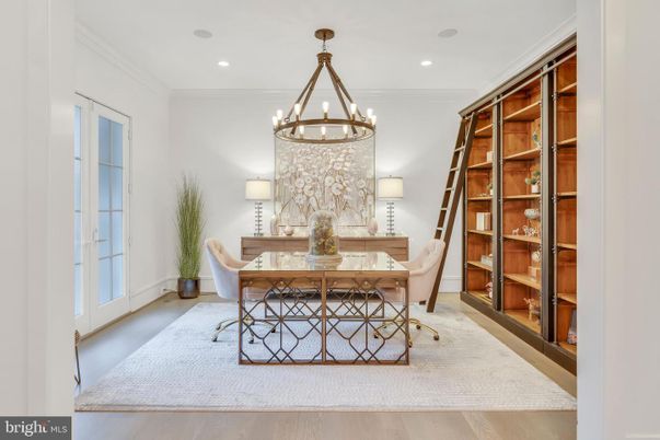 Chandelier, Home Office, Interior, Recessed Lighting, Wood Texture Flooring