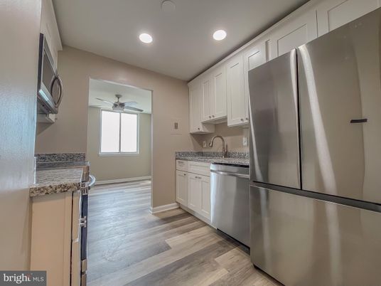 Interior, Kitchen, Recessed Lighting, Stainless Steel Appliances, Wood Texture Flooring