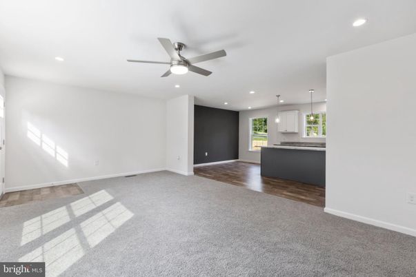 Empty room, Interior, Kitchen, Pendant Lights, Recessed Lighting, Wood Texture Flooring
