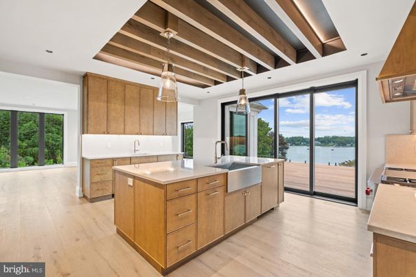 Interior, Kitchen, Pendant Lights, Recessed Lighting, Stainless Steel Appliances, Water, Wooden Beams, Wood Texture Flooring