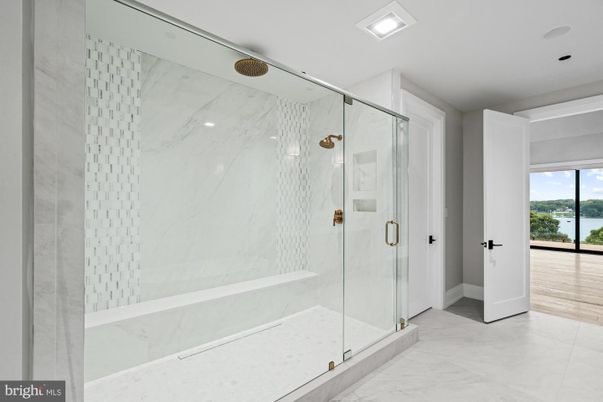 Bathroom, Glass Shower, Interior, Marble, Marble Walls, Recessed Lighting