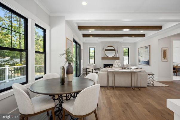 Dining room, Fireplace, Interior, Living room, Recessed Lighting, Wooden Beams, Wood Texture Flooring