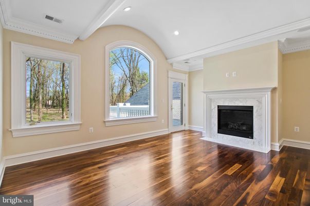 Empty room, Fireplace, Interior, Recessed Lighting, Wood Texture Flooring