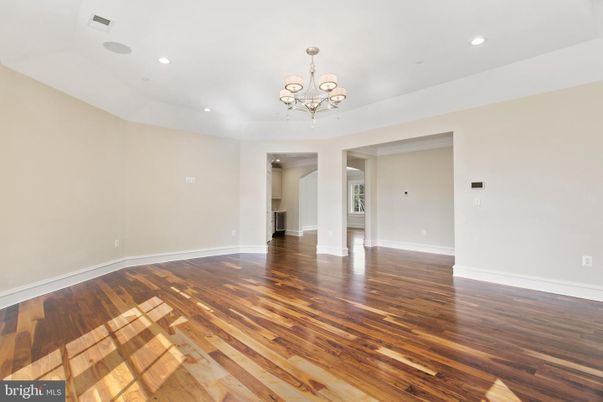 Chandelier, Empty room, Interior, Recessed Lighting, Wood Texture Flooring