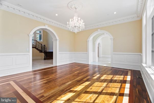 Chandelier, Empty room, Interior, Recessed Lighting, Wood Texture Flooring