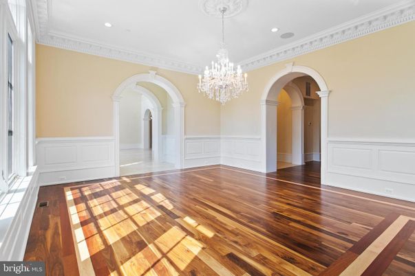 Chandelier, Empty room, Interior, Recessed Lighting, Wood Texture Flooring