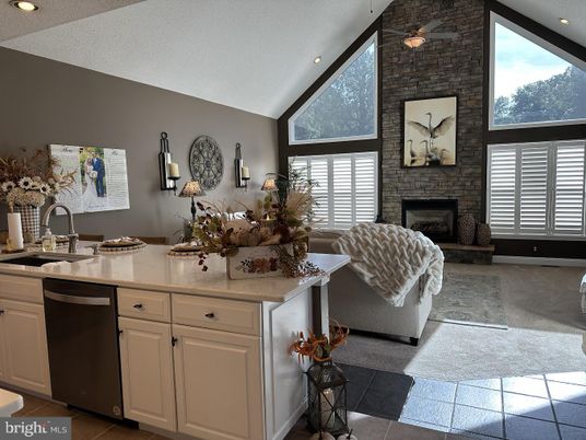 Fireplace, Interior, Kitchen, Recessed Lighting, Stone Walls