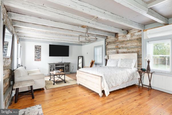 Bedroom, Fireplace, Interior, Pendant Lights, Wooden Beams, Wood Texture Flooring