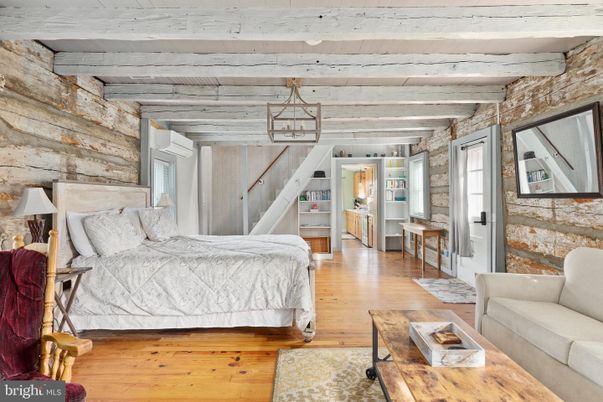 Bedroom, Interior, Pendant Lights, Stone Walls, Wooden Beams, Wood Texture Flooring