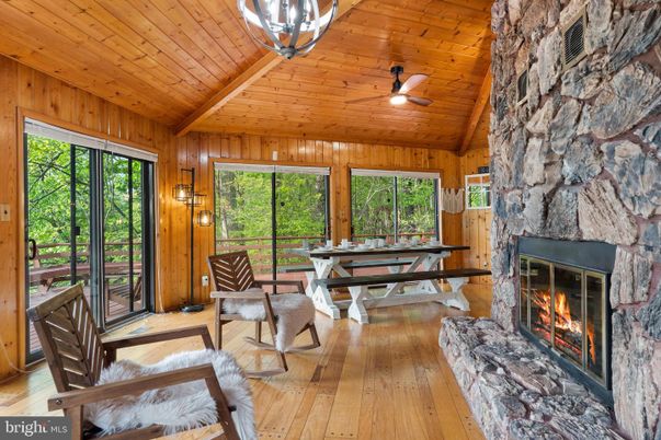 Dining room, Fireplace, Interior, Stone Walls, Wooden Beams, Wooden Ceilings, Wood Texture Flooring, Wooden Walls
