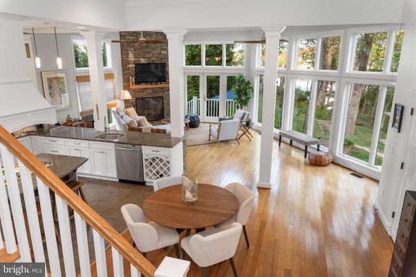 Dining room, Fireplace, Interior, Living room, Pendant Lights, Wood Texture Flooring