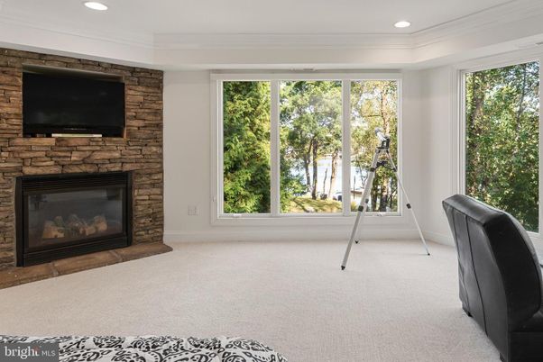 Empty room, Fireplace, Interior, Recessed Lighting, Stone Walls